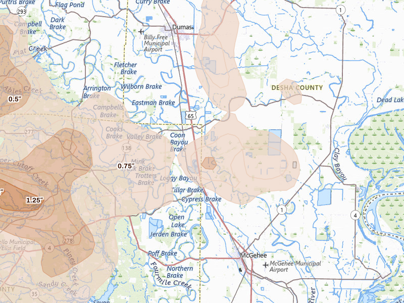 Radar-estimated hail-size map of the storm over Tillar, AR on Aug 20, 2026