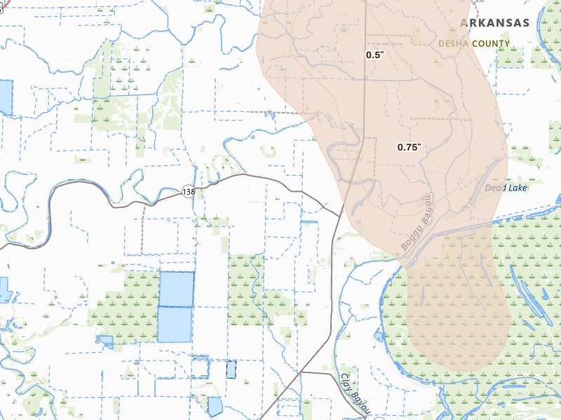 Radar-estimated hail-size map of the storm over Tillar, AR on Aug 26, 2026