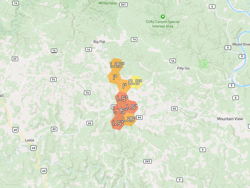 Hail map of Timbo, AR on Jun 1, 2026, hail up to 1.75"