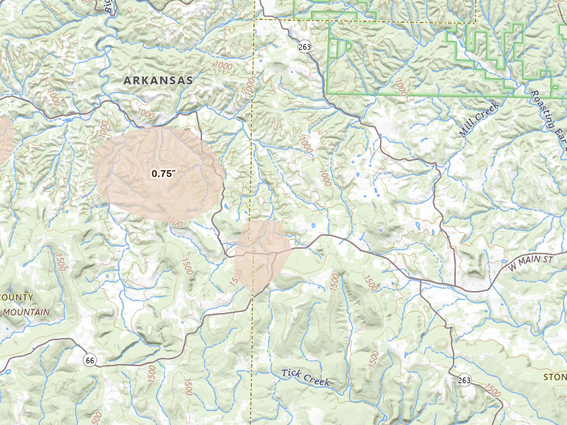 Radar-estimated hail-size map of the storm over Timbo, AR on Jul 11, 2026