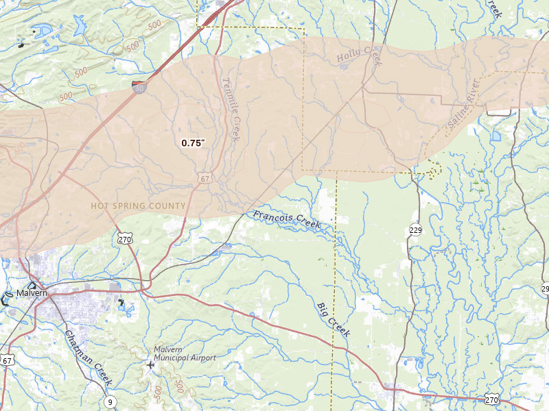 Radar-estimated hail-size map of the storm over Traskwood, AR on Mar 15, 2026