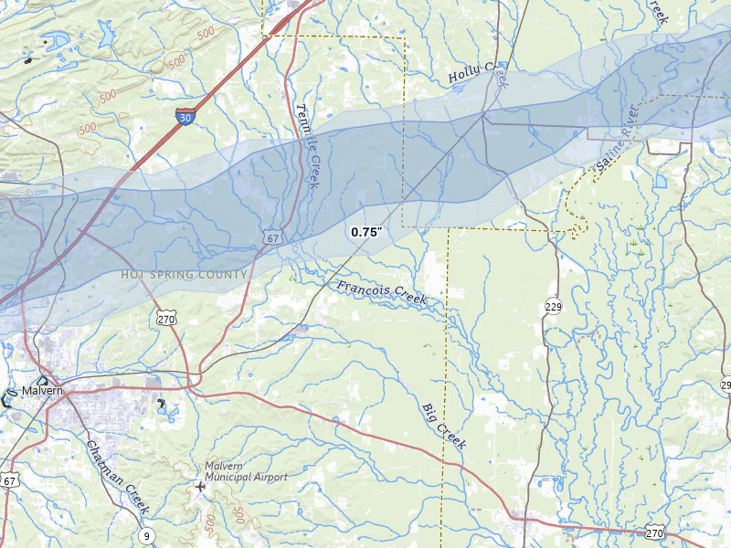 NEXRAD radar-signature map of the hail over Traskwood, AR