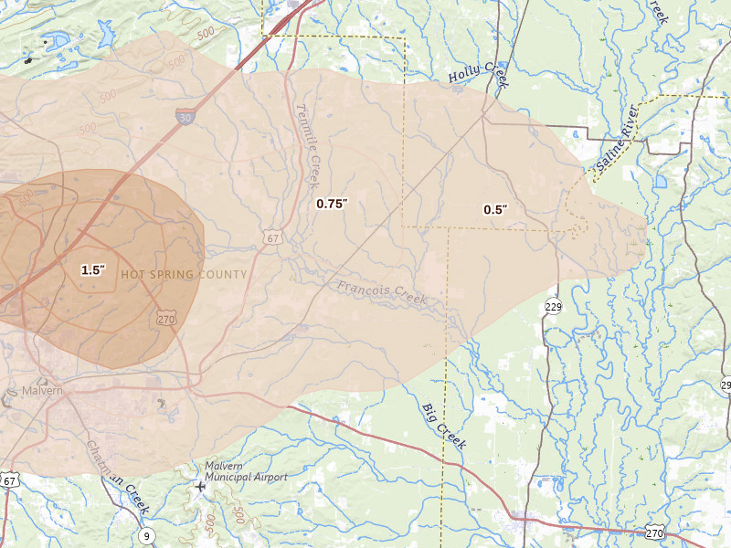 Radar-estimated hail-size map of the storm over Traskwood, AR on May 5, 2026