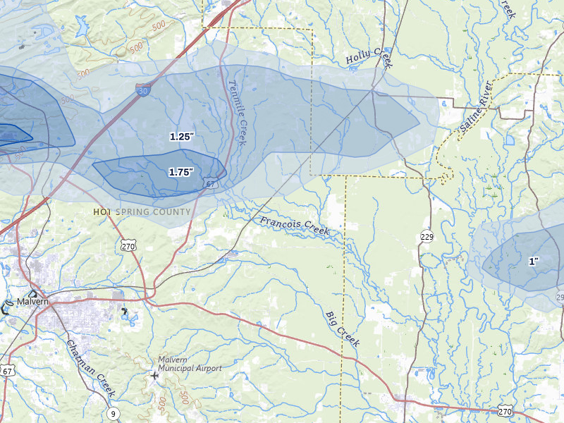 NEXRAD radar-signature map of the hail storm over Traskwood, AR on May 5, 2026