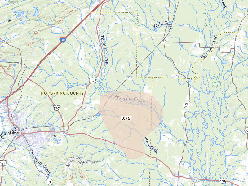 Radar-estimated hail-size map of the storm over Traskwood, AR on May 30, 2026