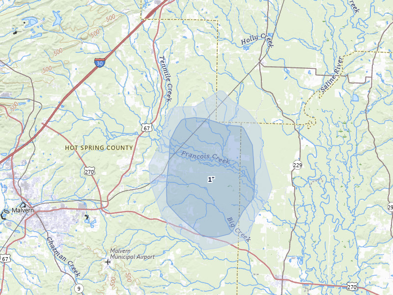 NEXRAD radar-signature map of the hail storm over Traskwood, AR on May 30, 2026