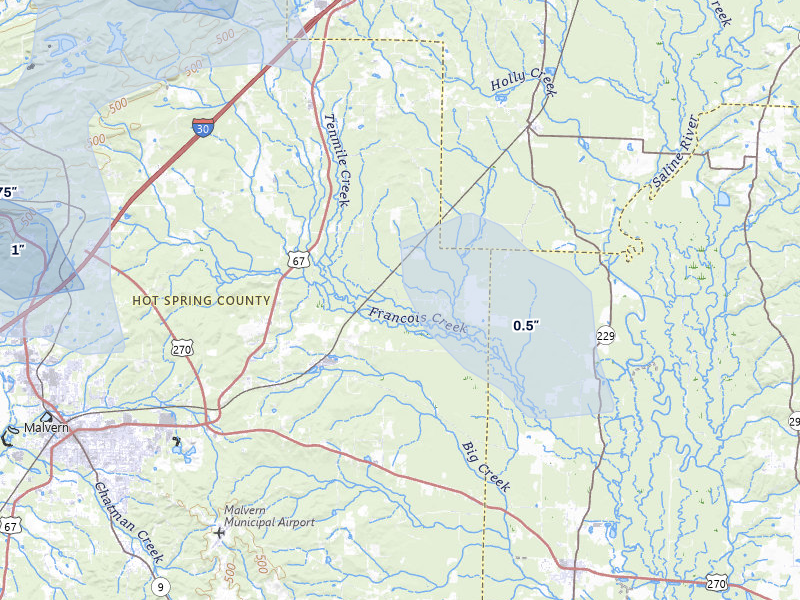 NEXRAD radar-signature map of the hail over Traskwood, AR