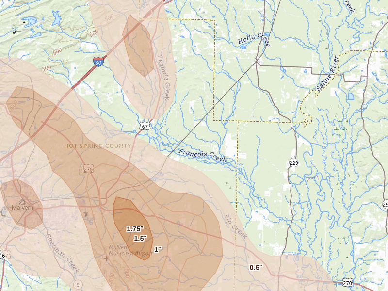 Radar-estimated hail-size map of the storm over Traskwood, AR on Aug 20, 2026