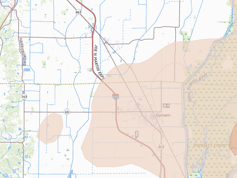 Radar-estimated hail-size map of the storm over Trumann, AR on Apr 27, 2026