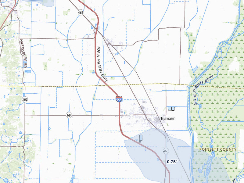 NEXRAD radar-signature map of the hail over Trumann, AR