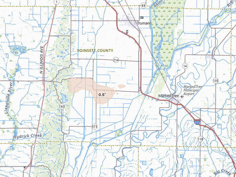Radar-estimated hail-size map of the storm over Trumann, AR on Jul 6, 2026