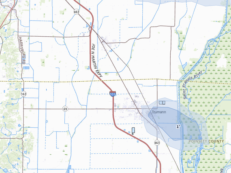 NEXRAD radar-signature map of the hail storm over Trumann, AR on Jul 11, 2026