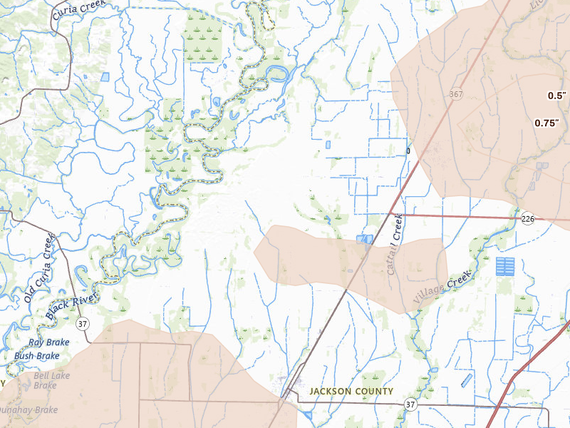 Radar-estimated hail-size map of the storm over Tuckerman, AR on Jul 11, 2026