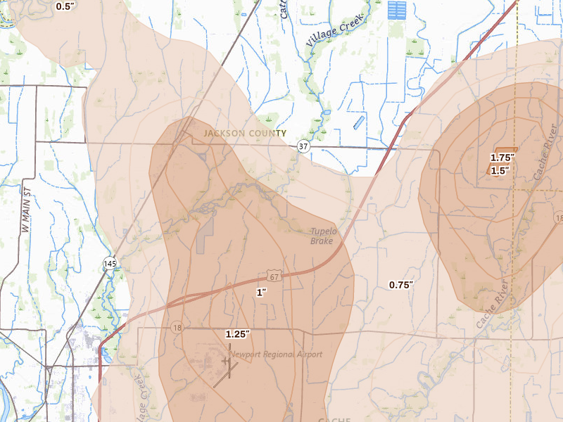 Radar-estimated hail-size map of the storm over Tuckerman, AR on Aug 22, 2026
