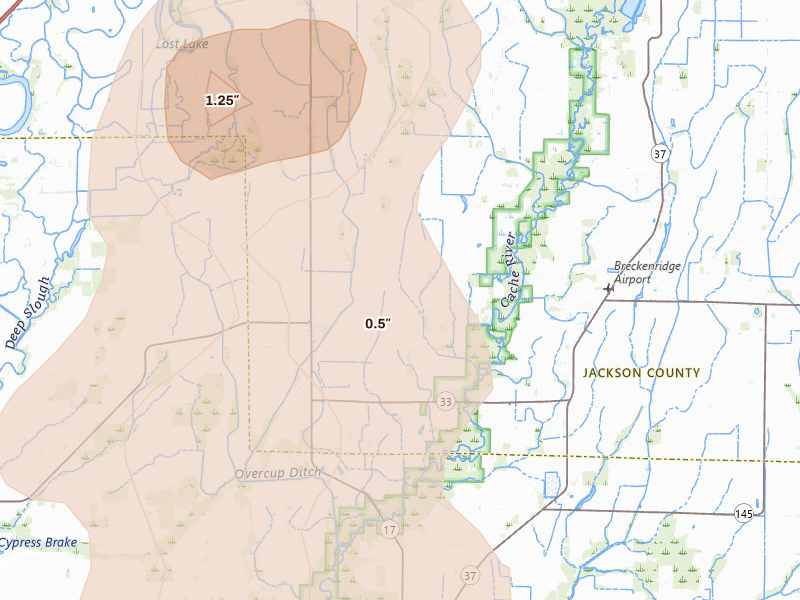 Radar-estimated hail-size map of the storm over Tupelo, AR on Jul 11, 2026