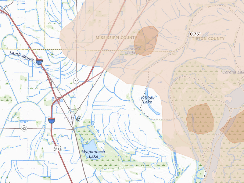 Radar-estimated hail-size map of the storm over Turrell, AR on Apr 27, 2026