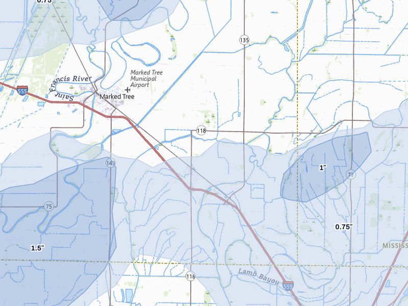 NEXRAD radar-signature map of the hail storm over Tyronza, AR on Apr 28, 2026
