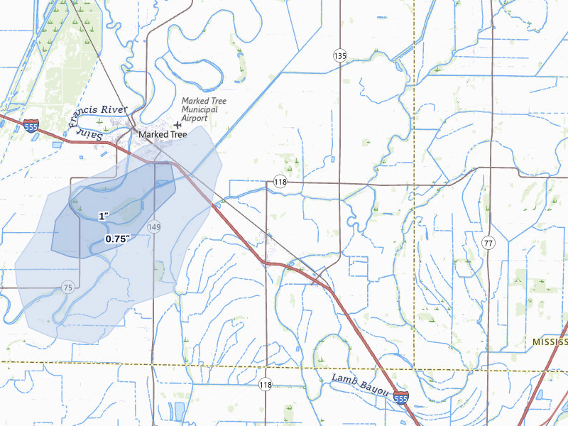 NEXRAD radar-signature map of the hail storm over Tyronza, AR on May 29, 2026
