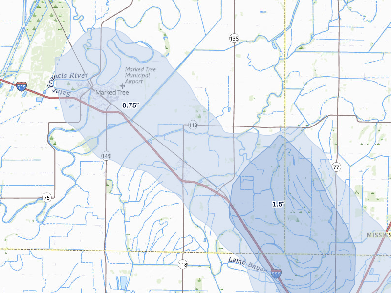 NEXRAD radar-signature map of the hail storm over Tyronza, AR on Jun 1, 2026