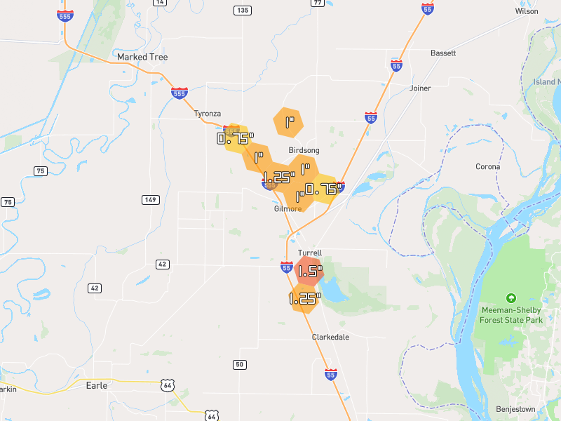 Hail map of Tyronza, AR on Jun 2, 2026, hail up to 1.5"