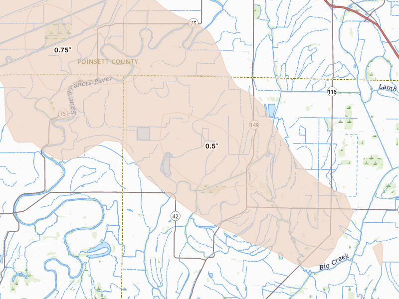 Radar-estimated hail-size map of the storm over Tyronza, AR on Aug 22, 2026