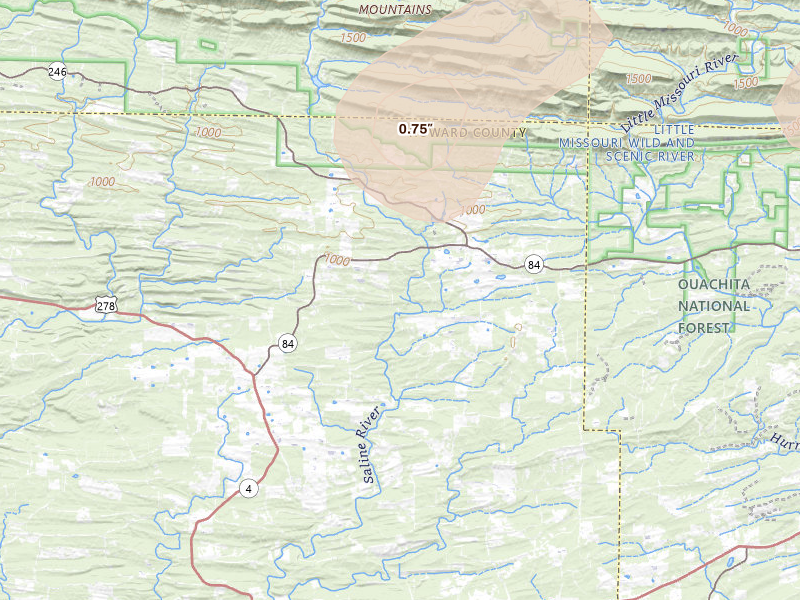 Radar-estimated hail-size map of the storm over Umpire, AR on Jul 6, 2026