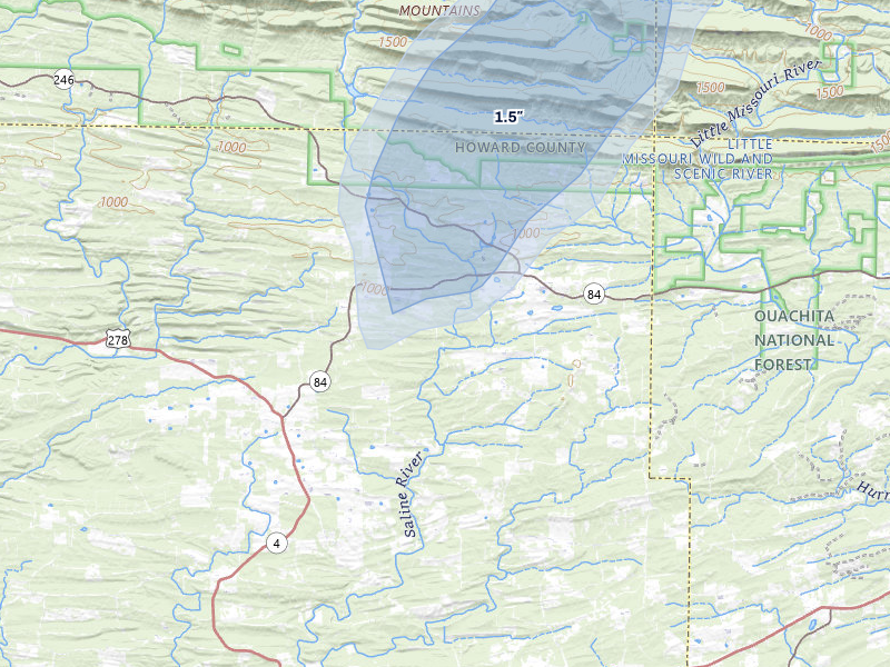NEXRAD radar-signature map of the hail storm over Umpire, AR on Jul 6, 2026
