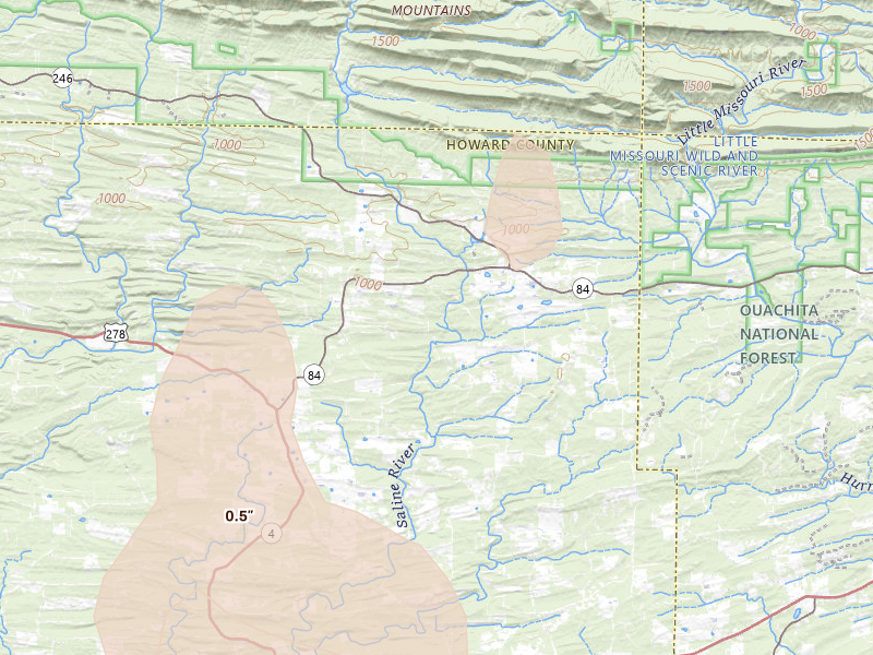 Radar-estimated hail-size map of the storm over Umpire, AR on Jul 7, 2026