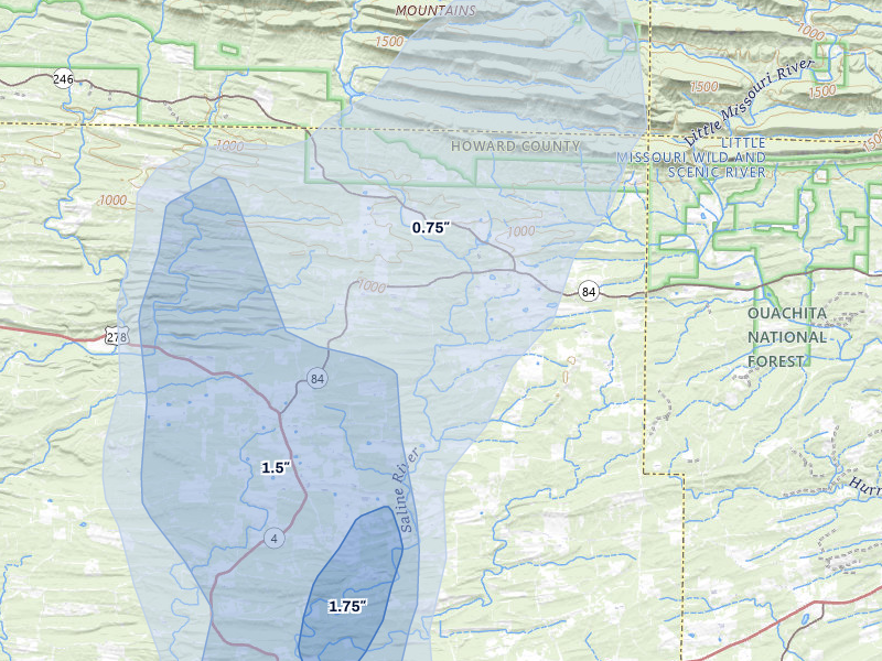 NEXRAD radar-signature map of the hail storm over Umpire, AR on Jul 7, 2026