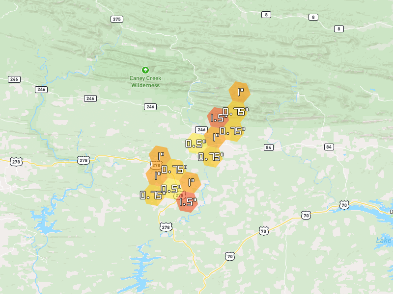 Hail map of Umpire, AR on Jul 7, 2026, hail up to 1.5"
