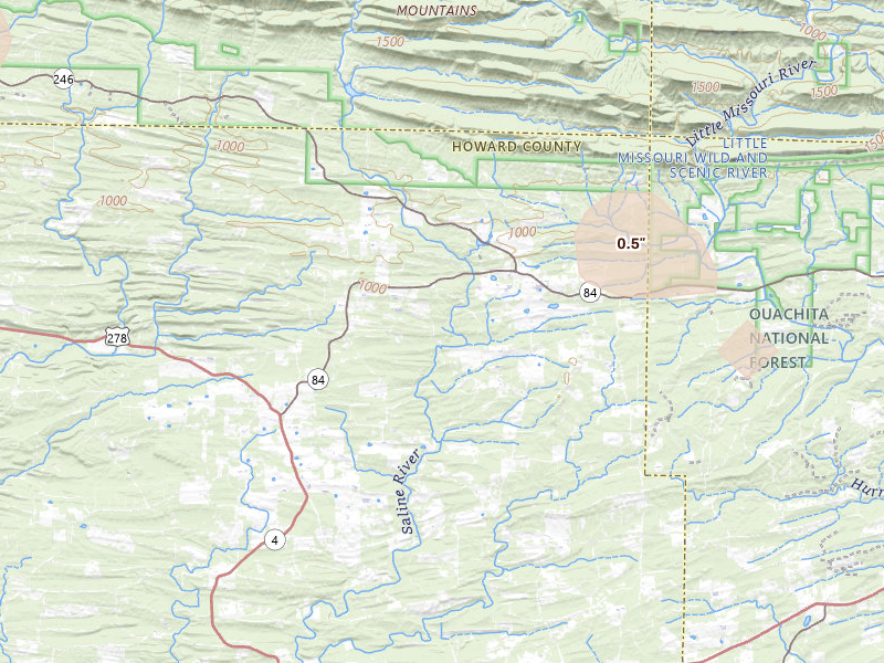 Radar-estimated hail-size map of the storm over Umpire, AR on Jul 12, 2026