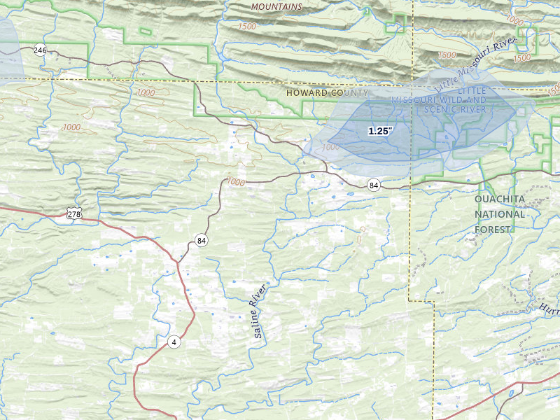 NEXRAD radar-signature map of the hail storm over Umpire, AR on Jul 12, 2026