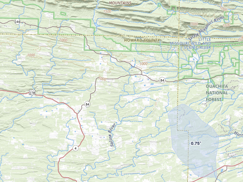 NEXRAD radar-signature map of the hail storm over Umpire, AR on Jul 29, 2026