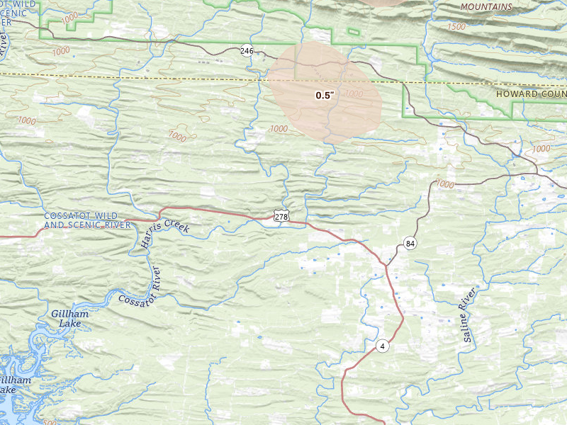 Radar-estimated hail-size map of the storm over Umpire, AR on Aug 7, 2026