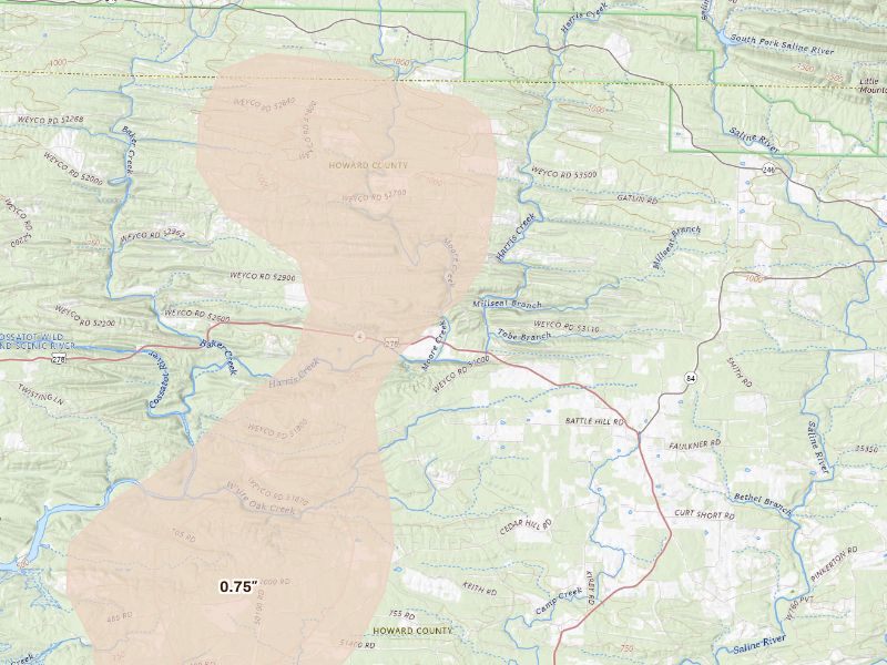 Radar-estimated hail-size map of the storm over Umpire, AR on Sep 12, 2026