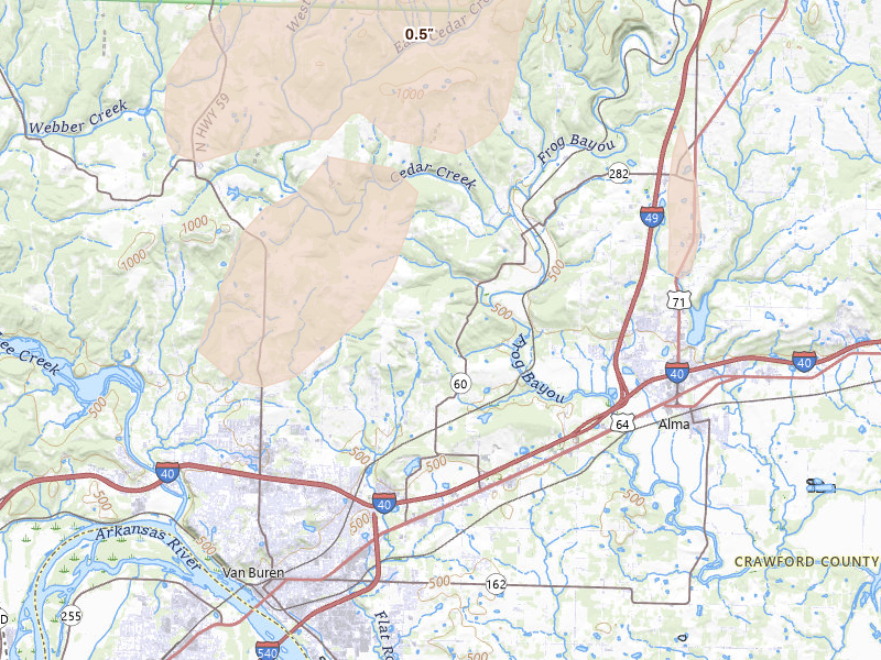 Radar-estimated hail-size map of the storm over Van Buren, AR on Apr 23, 2026