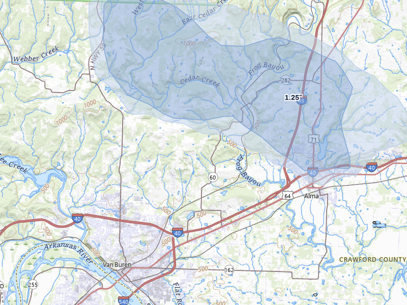 NEXRAD radar-signature map of the hail over Van Buren, AR