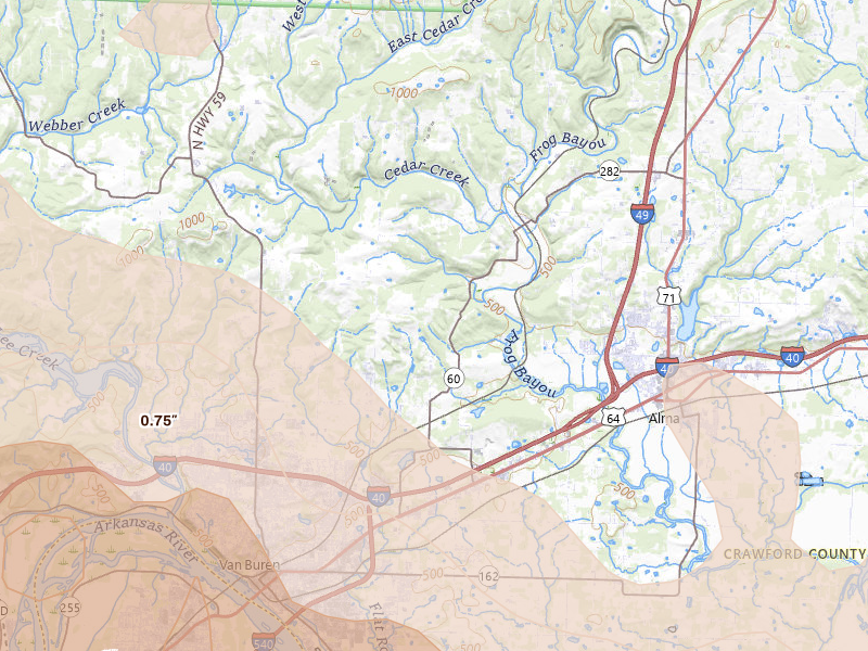 Radar-estimated hail-size map of the storm over Van Buren, AR on May 8, 2026