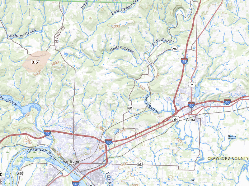 Radar-estimated hail-size map of the storm over Van Buren, AR on May 9, 2026