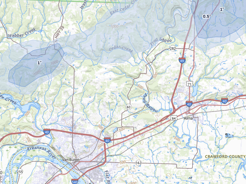 NEXRAD radar-signature map of the hail over Van Buren, AR