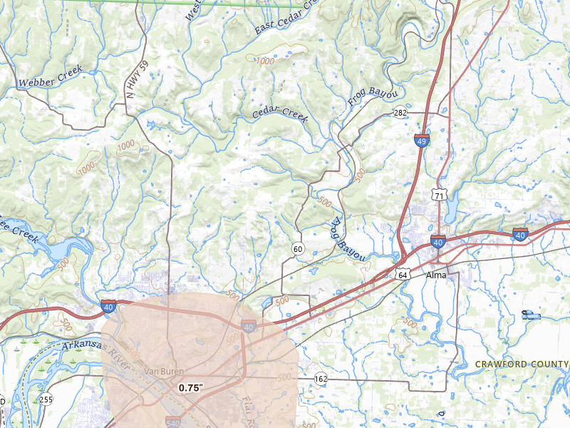 Radar-estimated hail-size map of the storm over Van Buren, AR on Jun 18, 2026