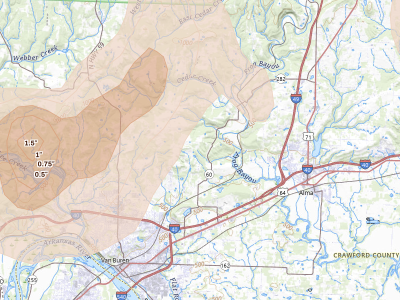 Radar-estimated hail-size map of the storm over Van Buren, AR on Jul 6, 2026