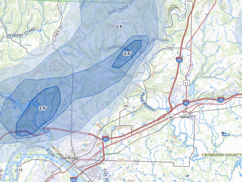 NEXRAD radar-signature map of the hail storm over Van Buren, AR on Jul 6, 2026
