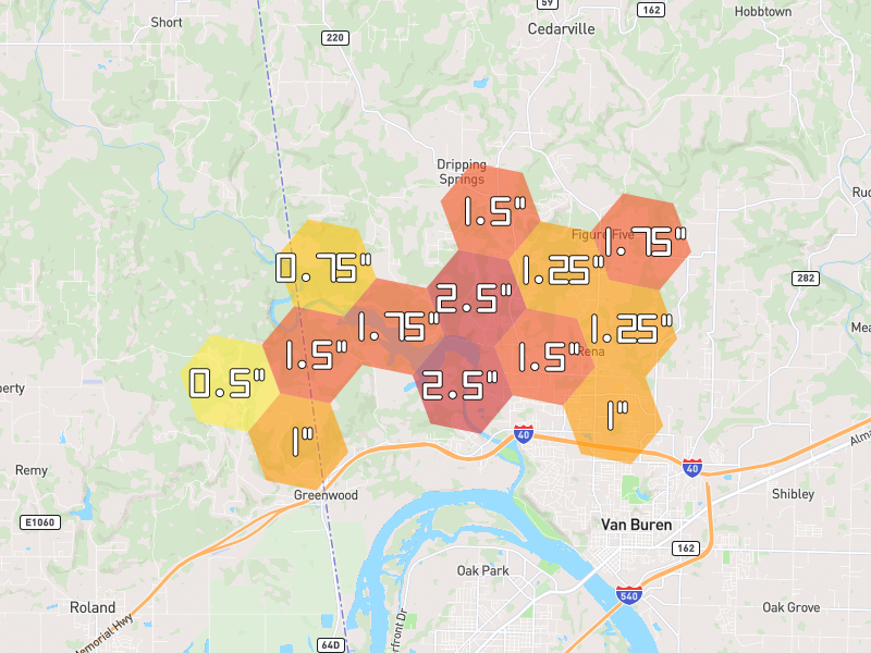 Hail map of Van Buren, AR on Jul 6, 2026, hail up to 2.5"