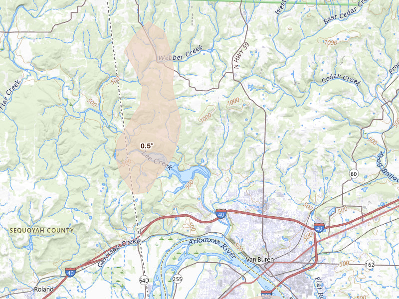 Radar-estimated hail-size map of the storm over Van Buren, AR on Aug 20, 2026