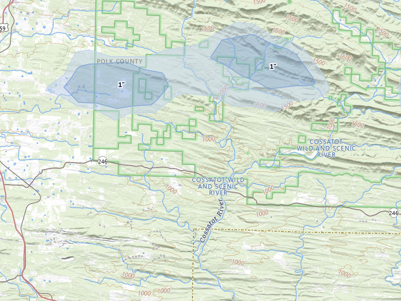 NEXRAD radar-signature map of the hail over Vandervoort, AR