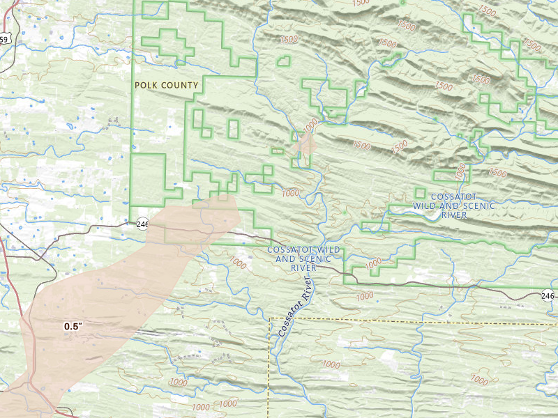 Radar-estimated hail-size map of the storm over Vandervoort, AR on Jun 7, 2026