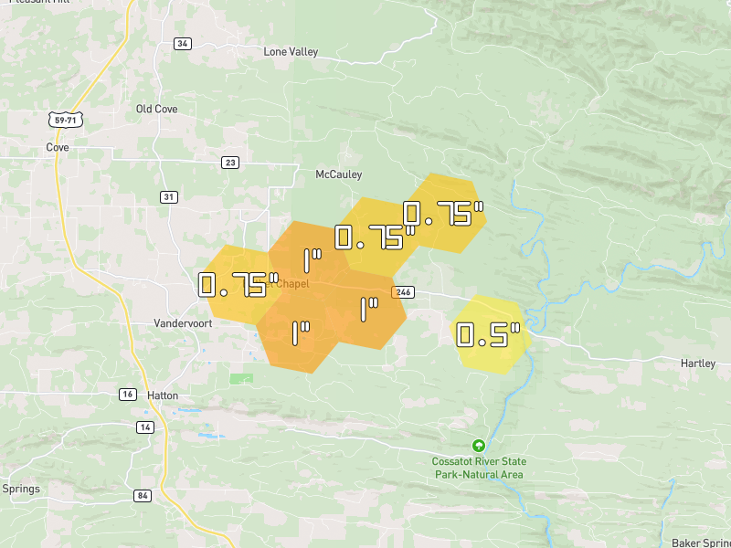 Hail map of Vandervoort, AR on Jun 7, 2026, hail up to 1"