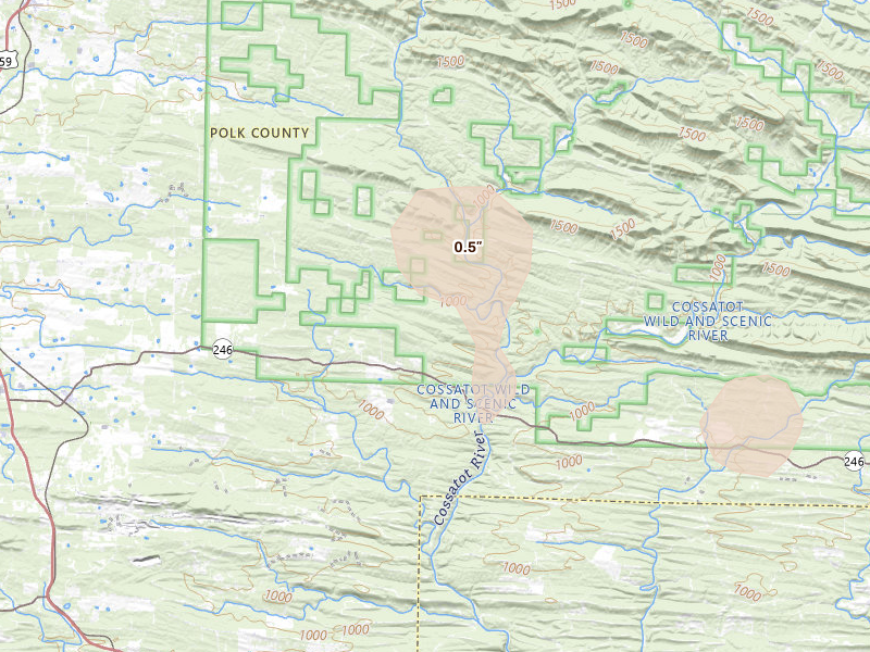 Radar-estimated hail-size map of the storm over Vandervoort, AR on Jul 12, 2026