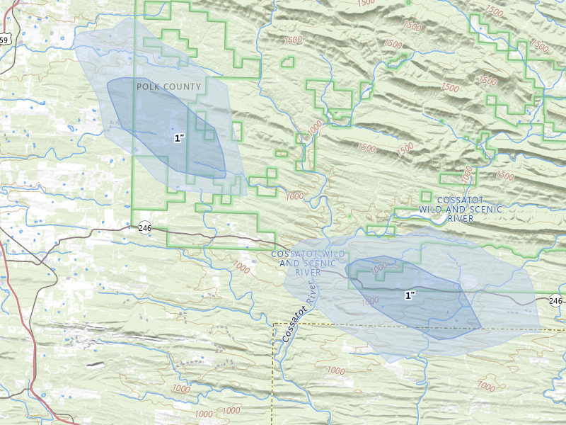 NEXRAD radar-signature map of the hail storm over Vandervoort, AR on Jul 12, 2026